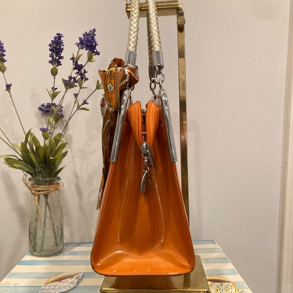 MG Collection Orange Faux Patent Leather Satchel with Scarf Accent - Picture 3 of 7